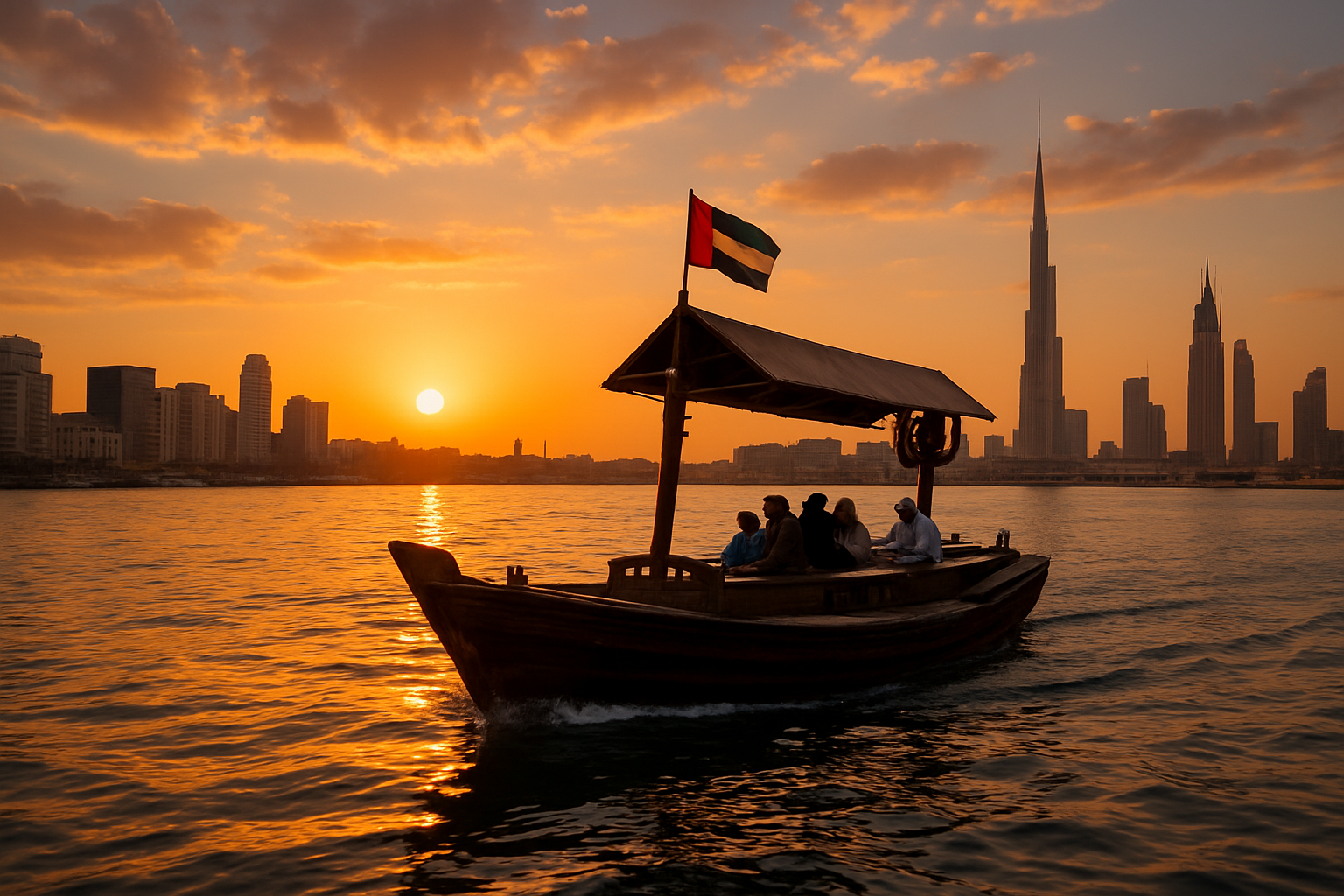 Traditional abra boat cruising along Dubai Creek at sunset