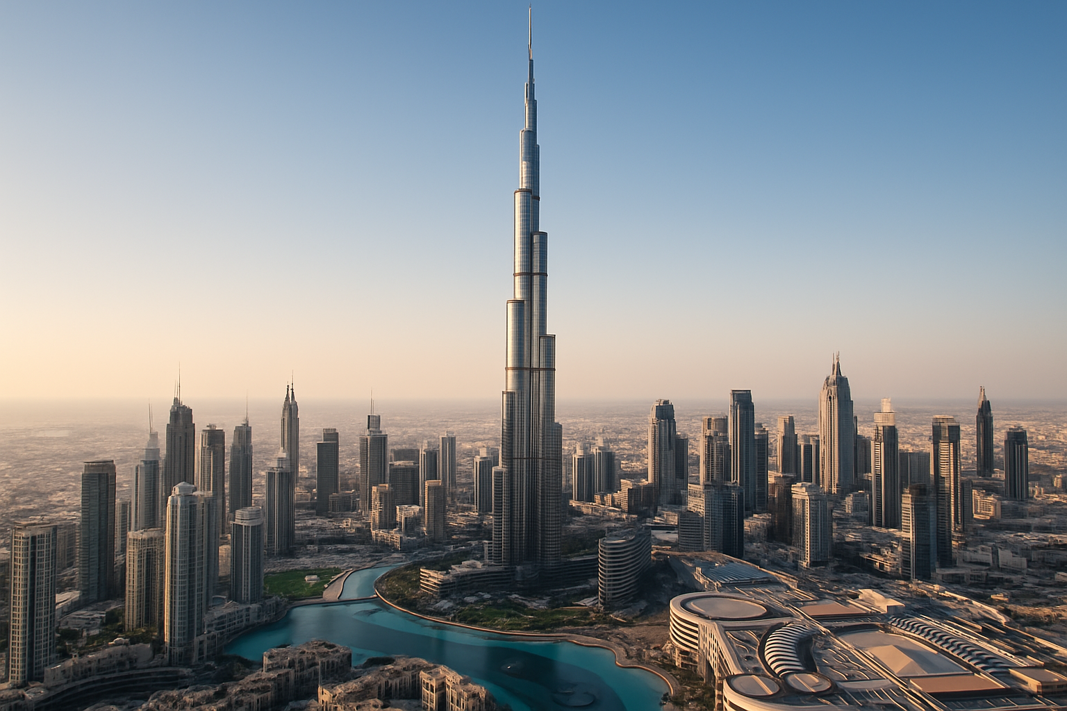 View of the Burj Khalifa towering over Dubai cityscape