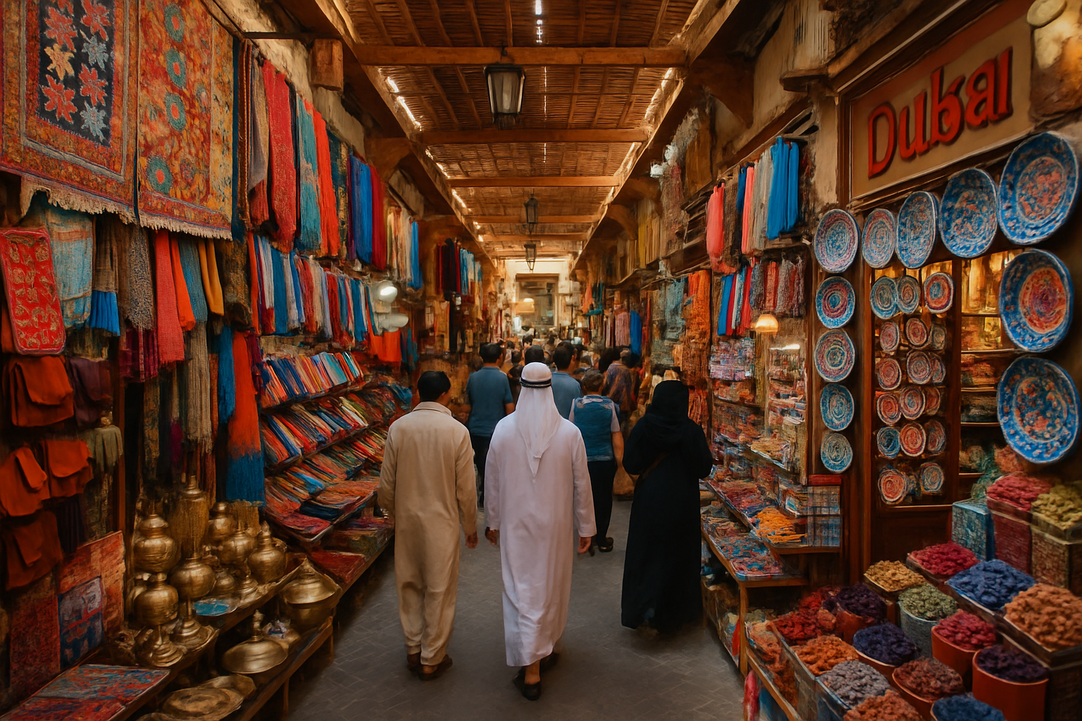 A bustling traditional souk in Dubai, filled with vibrant colours and local goods.