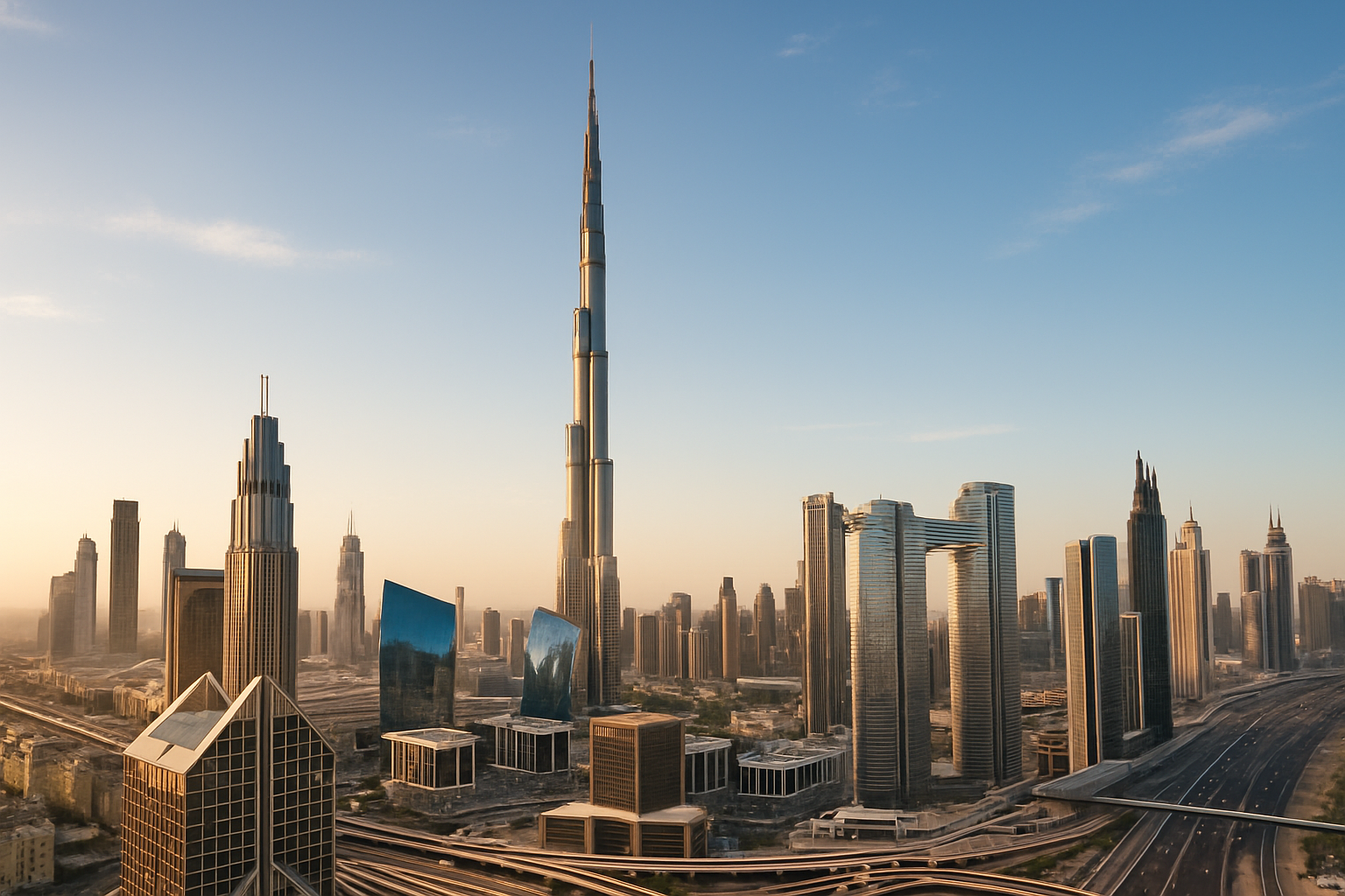 A panoramic view of Dubai's modern skyline, including the Burj Khalifa.